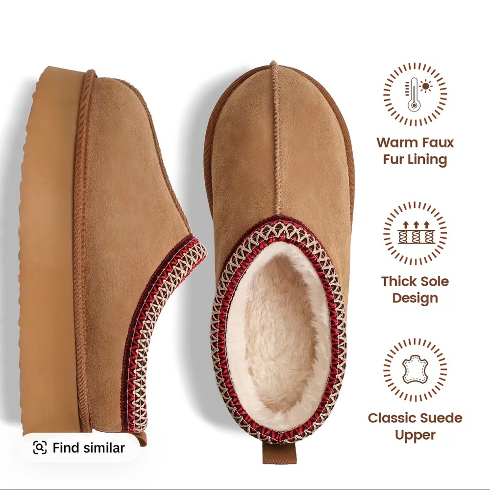 Cozy Suede Faux-Fur Lined Slip-On Slippers — Camel with Red Trim